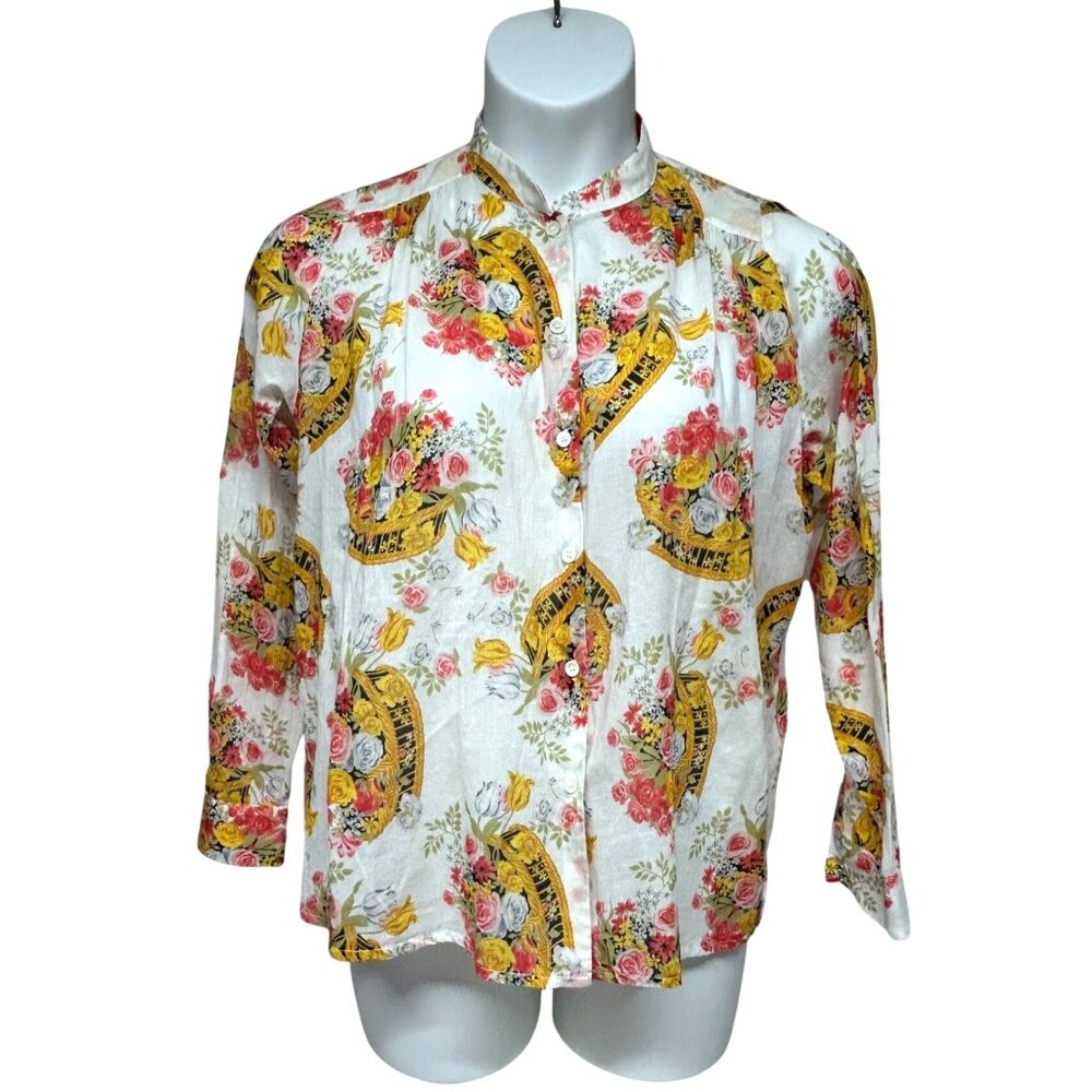 Paul & Joe Paris Womens Gold Floral Print Button Up Shirt Size 1 Lightweight